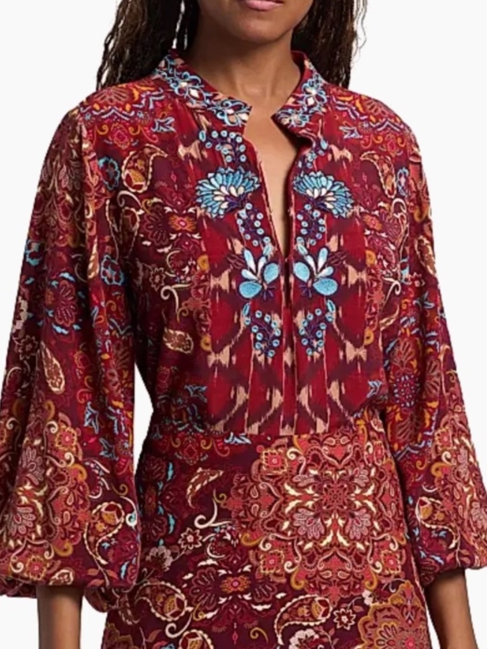 NWT Figue Boho-Inspired Burgundy Floral Split-Neck Blouse Size XSmall